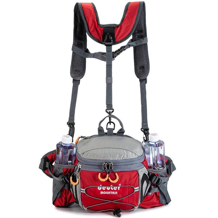 A front view of the red waist pack highlights its various compartments and storage features. The pack includes multiple zippered pockets, elastic cords for additional gear storage, and dedicated bottle holders on each side. The harness system includes padded shoulder straps for additional support, ensuring comfort during long treks.