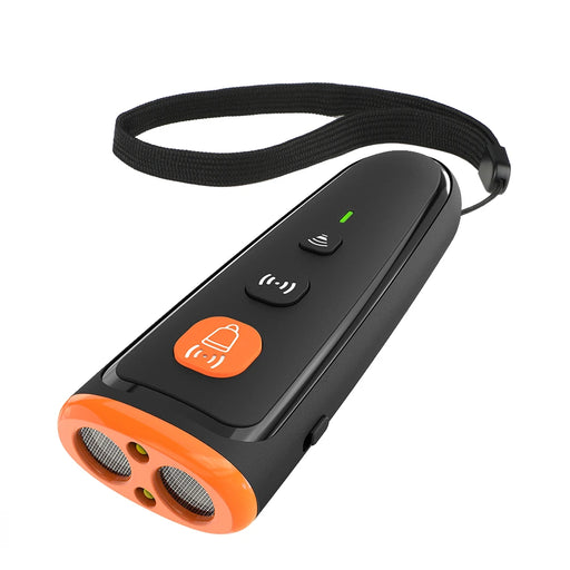 A portable electronic dog bark deterrent device, featuring a sleek black body with orange accents. It includes a wrist strap for easy carrying and multiple control buttons on the top, including specific functions marked with icons. The front end shows dual speakers or sensors.