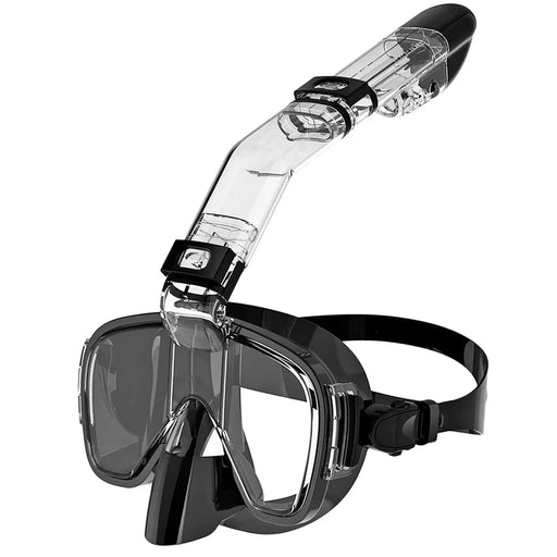 A black snorkeling mask with an attached snorkel, similar in design to the first one, is featured. The snorkel is clear with black accents and has a valve at the top to keep water out.