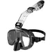 A black snorkeling mask with an attached snorkel, similar in design to the first one, is featured. The snorkel is clear with black accents and has a valve at the top to keep water out.