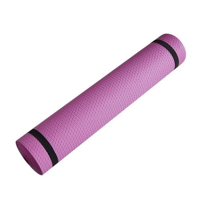 Rolled pink yoga mat on a white background.