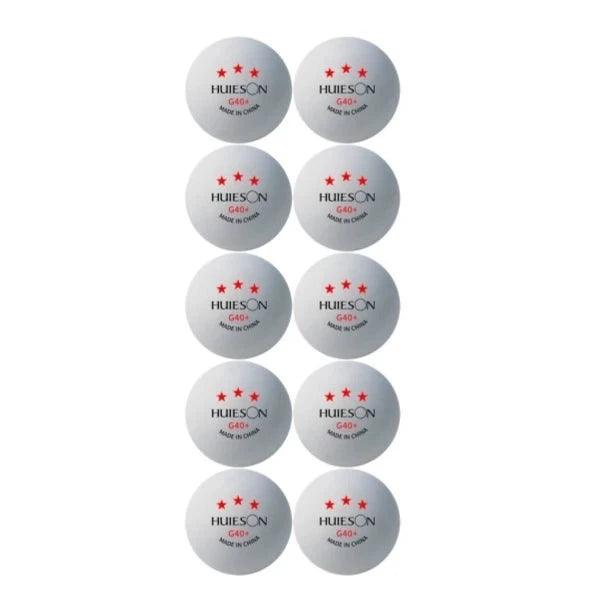 Ten white  Huieson G40+ table tennis balls arranged in a grid, each with three red stars and "Made in China" text.