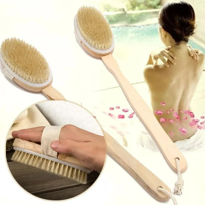 Two bath scrubbers are shown with an inset image of a person using the scrubber on their back and hand. The scrubber head is shown to have a strap for easier hand-held scrubbing.