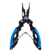 A pair of black and blue fishing pliers with a multi-functional design, including a line cutter, split ring opener, and ergonomic handles.