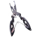 A pair of fishing pliers with black handles, featuring a multi-functional design including a line cutter and split ring opener.