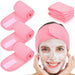 Several pink headbands displayed, with one woman wearing a headband while applying a face mask.