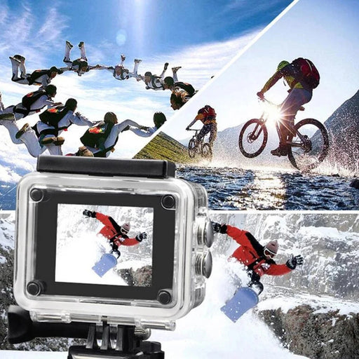 An action camera in a waterproof case, capturing a collage of extreme sports activities such as skydiving, biking, and snowboarding.