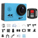 A blue 4K Ultra HD action camera shown with a remote control and various accessories for mounting and protection.