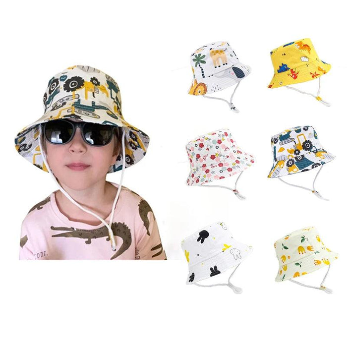 A collage featuring a child wearing a bucket hat with construction vehicle prints, alongside six other designs, including animals, flowers, and bunnies.