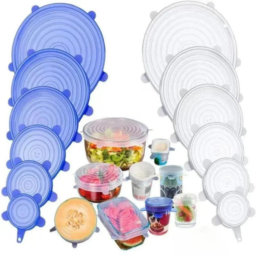 a collection of blue and clear silicone stretch lids in various sizes, covering a range of containers including bowls, jars, and even a half melon, showcasing their adaptability for different shapes and sizes.