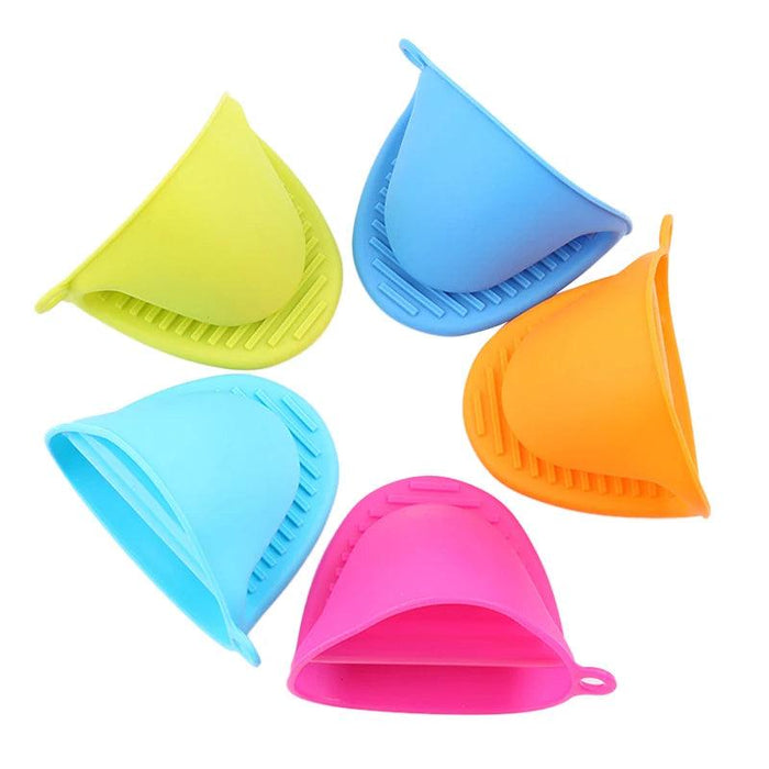 A set of colorful silicone oven mitts in blue, green, orange, and pink.