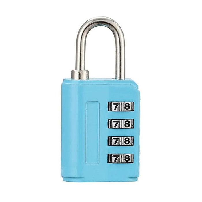 A light blue combination padlock with a metal shackle and three dials set to "7-8".