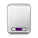 Frontal view of a stainless steel kitchen scale displaying the weight on a purple digital screen.