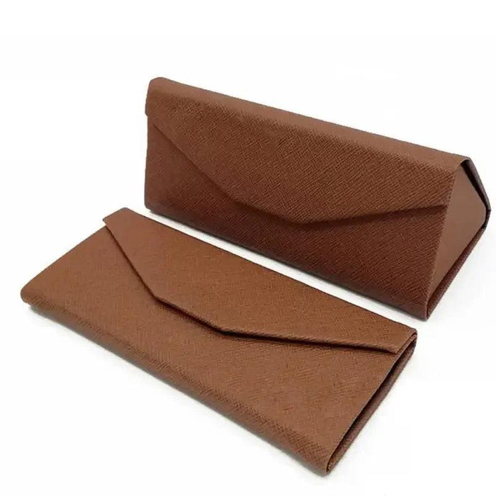 two brown eyeglasses cases with a textured fabric exterior. One case is closed and lying flat, while the other is standing upright and open, showing the geometric design and envelope-style flap closure.