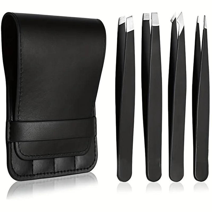 Four black tweezers with a black carrying case.