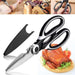 Multi-purpose kitchen scissors shown cutting various foods and a roasted chicken, with the scissors and sheath displayed prominently.