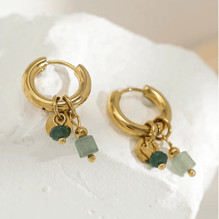 18K Gold Hoop Earrings with Various Natural Stone Charms, Waterproof Lightweight and Stainless Steel