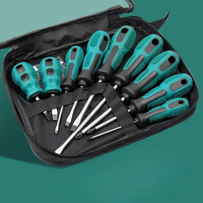 An open tool case displaying a set of green-handled screwdrivers against a green background.