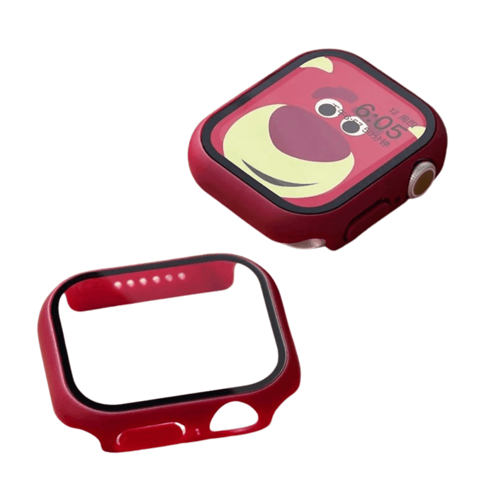 A smartwatch with a wine red protective case displays a cartoon bear face on the screen. The case is removed and positioned next to the watch.