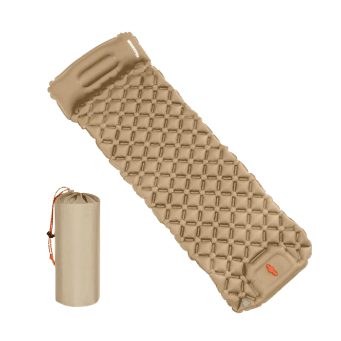 A beige inflatable sleeping mat with a hexagonal pattern, accompanied by a matching beige carrying bag.