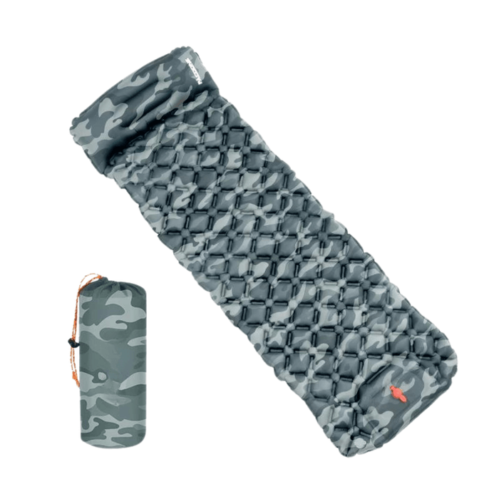 A camo-patterned inflatable sleeping mat with a hexagonal pattern, featuring a matching camo carrying bag.