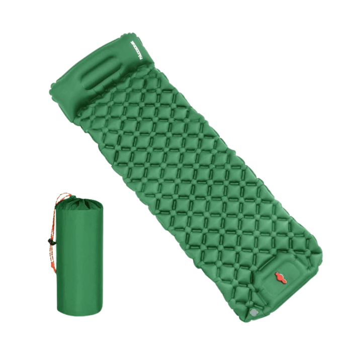 A green inflatable sleeping mat with a hexagonal pattern, including a matching green carrying bag.