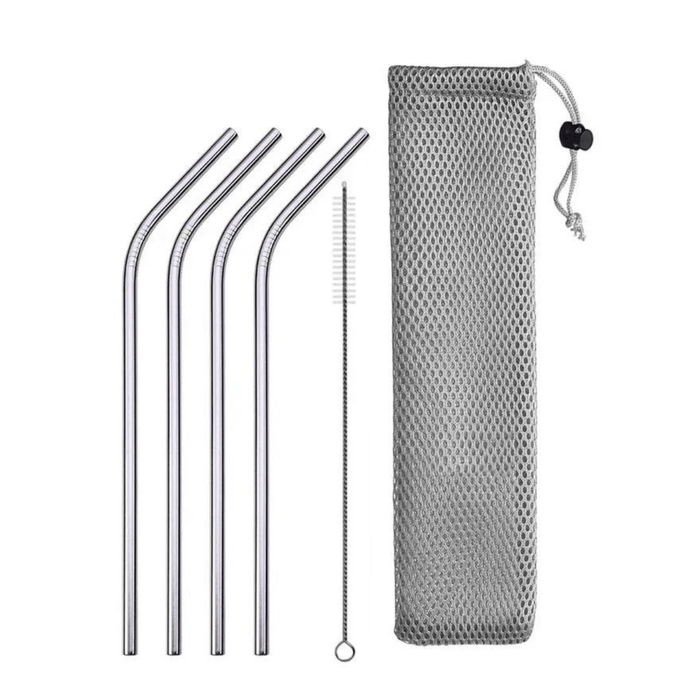 Set of four bent metal straws with a cleaning brush and a gray mesh bag.