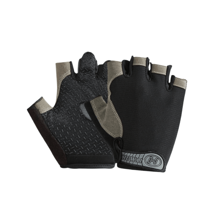 A black mesh back and a black synthetic leather palm, these gloves include gray and black rubberized grip sections. The finger openings and wrist strap are gray, with a Velcro closure.