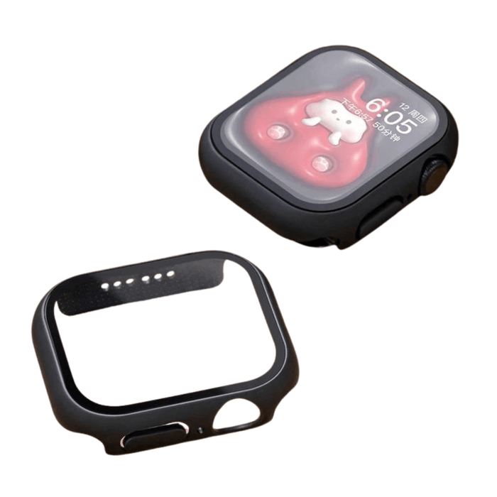 A smartwatch with a black protective case displays a red character on the screen. The case is removed and positioned next to the watch.