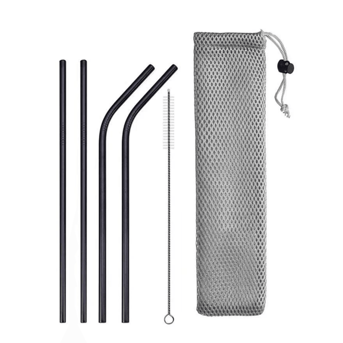 Set of 2 straight and 2 bent black stainless steel straws with a cleaning brush and a mesh bag.