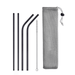 Set of 2 straight and 2 bent black stainless steel straws with a cleaning brush and a mesh bag.