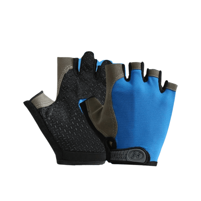 These gloves have a blue mesh back and a black synthetic leather palm with gray and black rubberized grip sections. The wrist strap and finger openings are gray with black accents, and the closure is Velcro.