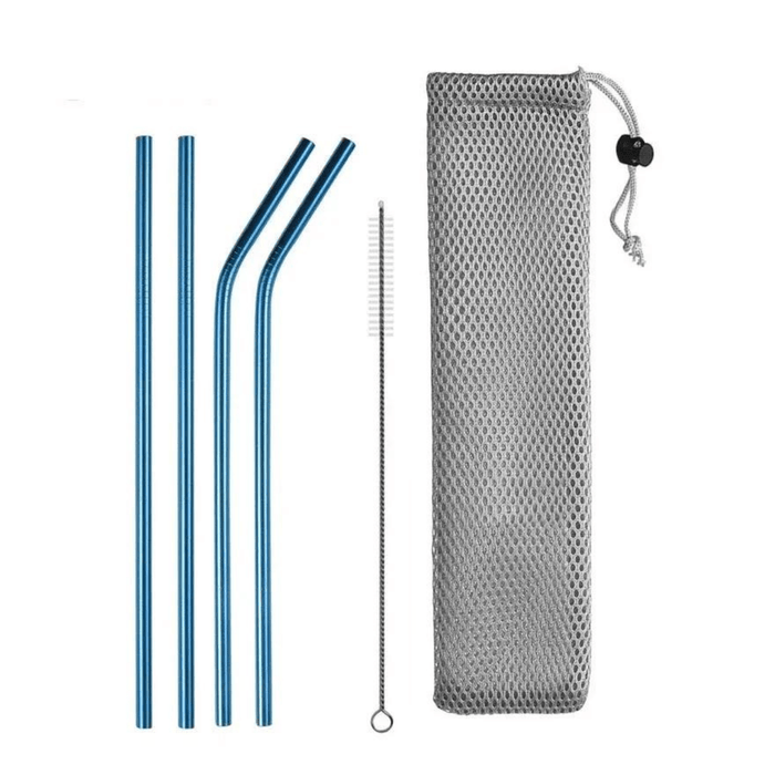 Set of 2 straight and 2 bent blue stainless steel straws with a cleaning brush and a mesh bag.