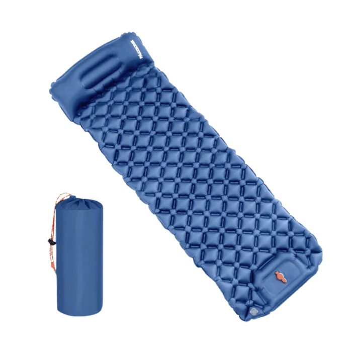 A blue inflatable sleeping mat with a hexagonal pattern, paired with a matching blue carrying bag.