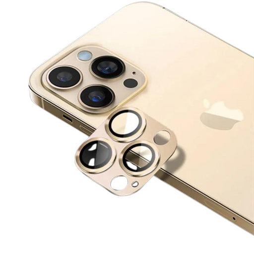 Close-up of a gold camera lens protector on an iPhone.