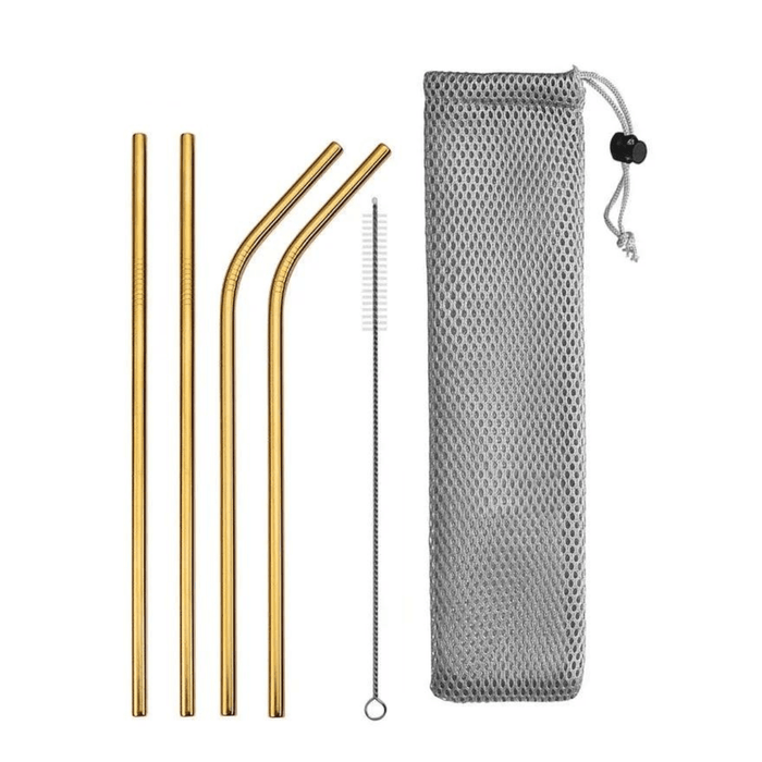 Set of 2 straight and 2 bent gold-colored stainless steel straws with a cleaning brush and a mesh bag.