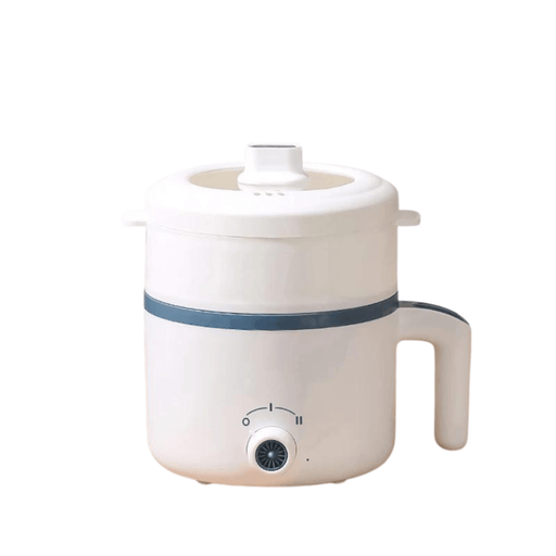 A white multi-functional cooker with a manual dial, featuring a handle and a lid with a steam vent.