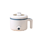 A small white multi-functional cooker with a manual dial, featuring a handle and a lid with a steam vent.