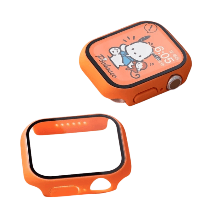 A smartwatch with an orange protective case displays a cartoon character on the screen. The case is removed and placed next to the watch.