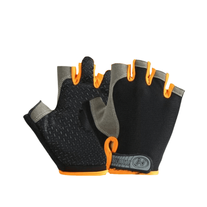 Fingerless gloves with a black base, gray accents, and bright orange trim on the fingers. The palm side is textured for improved grip.