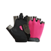 A pair of fingerless gloves with a pink back and gray and black accents. The palm side is textured with gray and black materials for better grip.