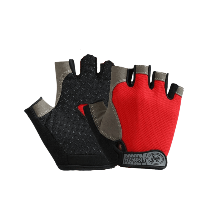 These gloves have a red back with gray and black accents. The palm side is textured for enhanced grip, with a mix of gray and black materials.