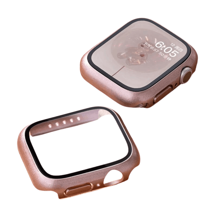 A smartwatch with a rose gold protective case displays a character on the screen. The case is removed and placed next to the watch.