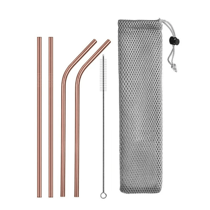 Rose gold stainless steel straws with carrying bag and cleaning brush.