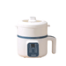 A white multi-functional cooker with digital controls and a handle, with a lid featuring a steam vent.