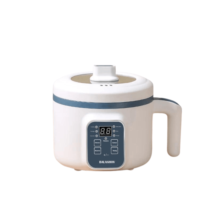 A small white multi-functional cooker with digital controls and a handle, with a lid featuring a steam vent.