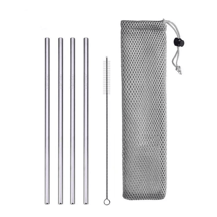 Four straight stainless steel straws with a cleaning brush and pouch.