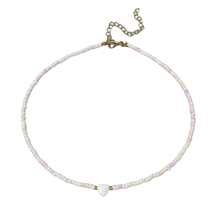 White and light pink Heart Beaded Choker.